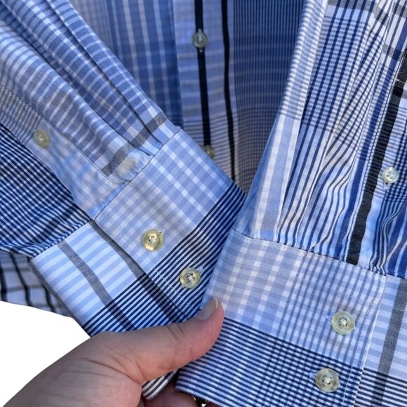Michael Brandon Mens Blue White Check Plaid Button-Up Long Sleeve Dress Shirt XL - Picture 6 of 9